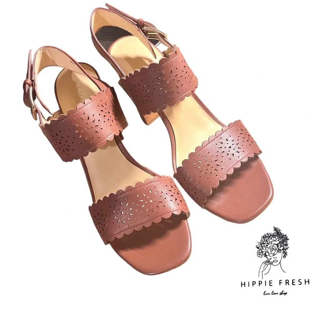 Kate Spade Laser-Cut Sunburst Leather Sandals, Brown Size US 9M